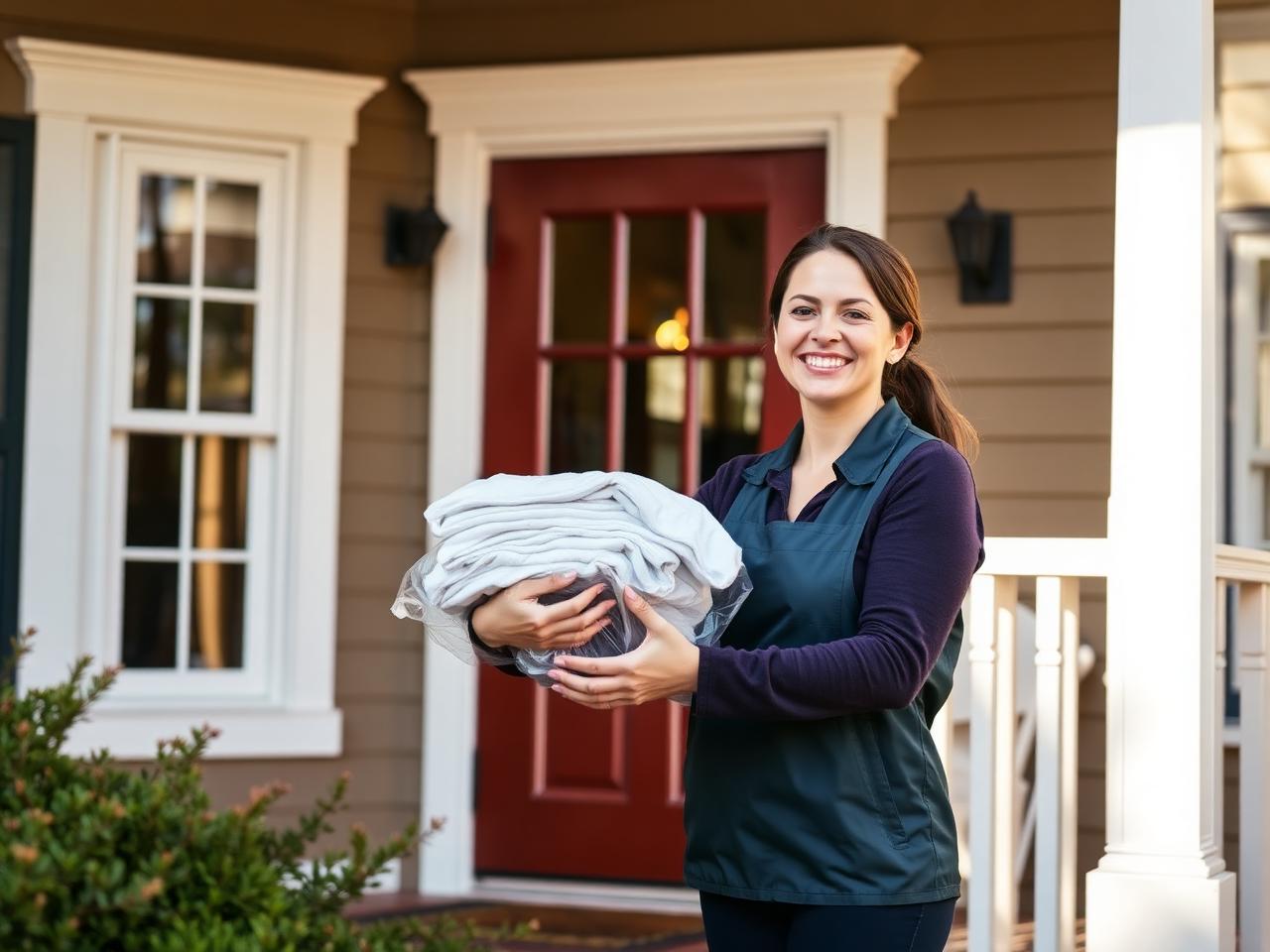 TJ's delivery team dropping off freshly folded laundry at a Northford home